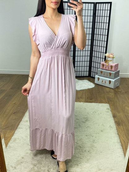 Kenzill Plain V Neck Frill Hem Maxi Dress