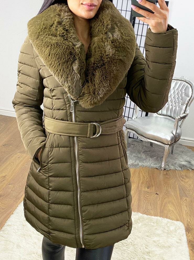 Elvire  Khaki Faux Fur Hooded Wet Look Padded Coat