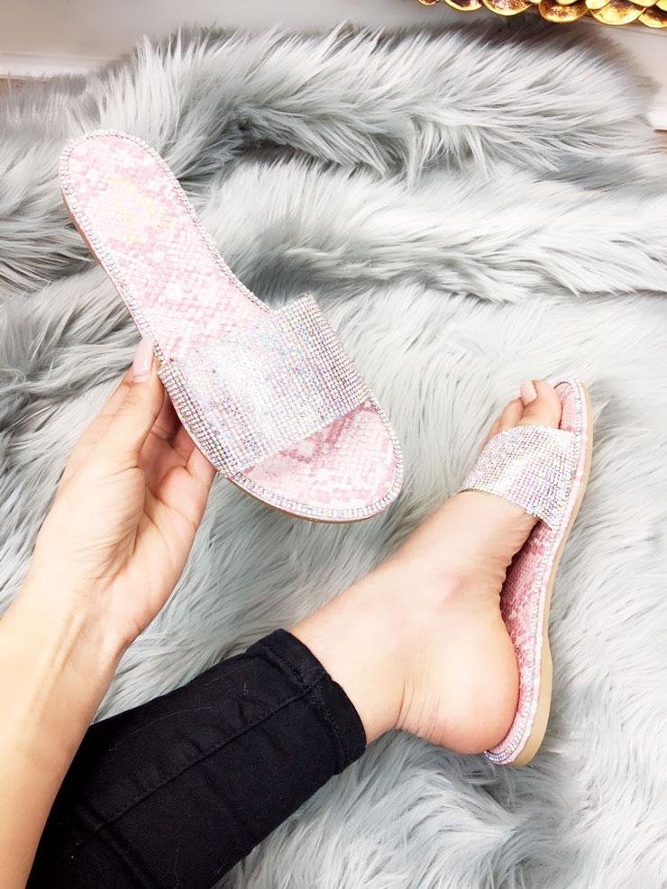 Krissy Snake Print Diamante Detailed Slip On Sandals