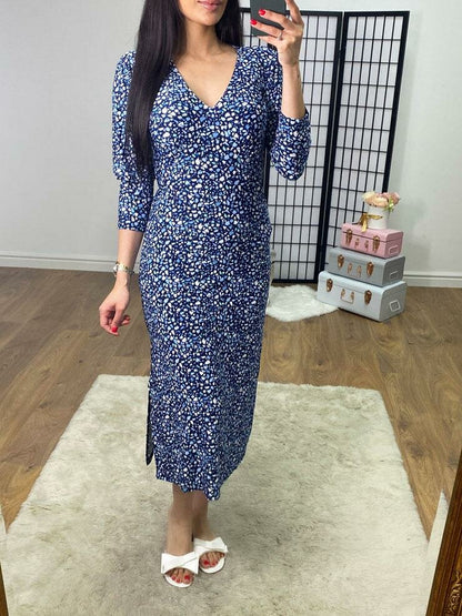 Lake Navy Mosaic Print Balloon Sleeve Maxi Dress