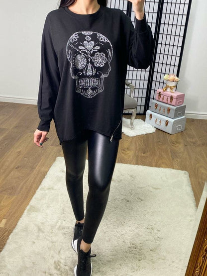 Larney Diamante Floral Skull Zip Detail Longline Sweatshirt