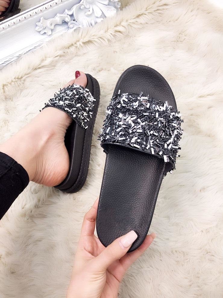 Lavender Crushed Jewelled Detailed Slip On Sliders