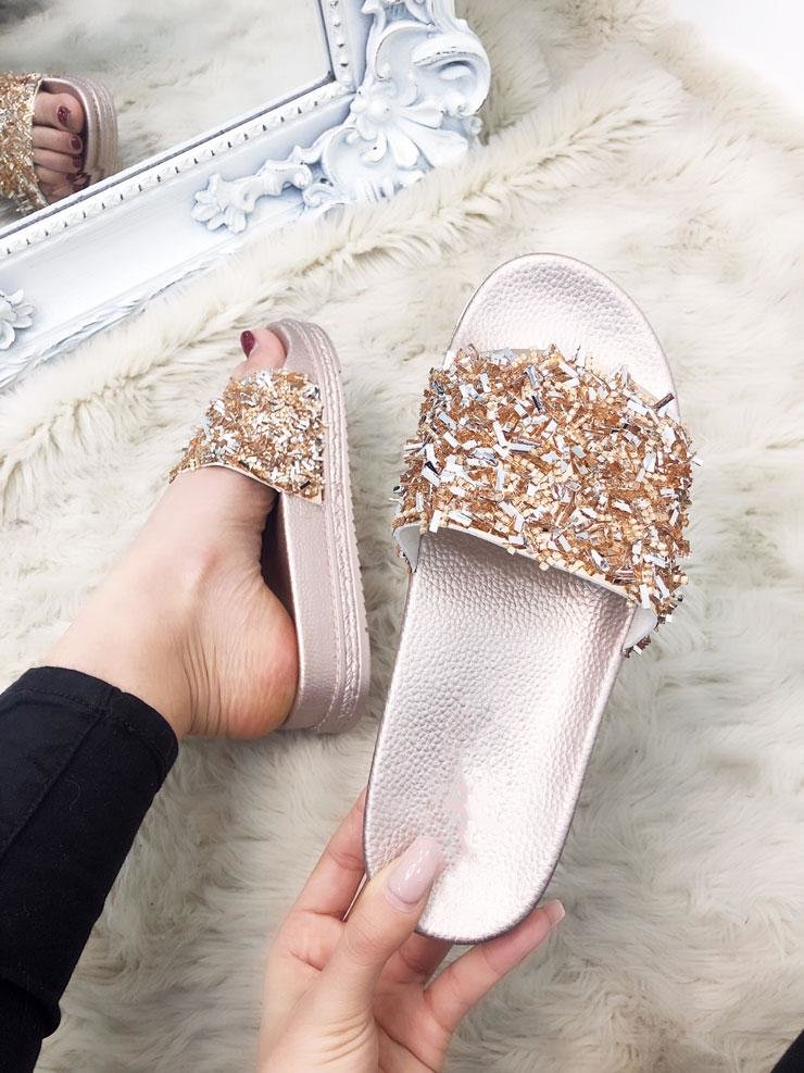 Lavender Crushed Jewelled Detailed Slip On Sliders