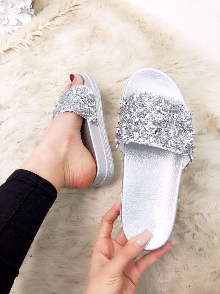 Lavender Crushed Jewelled Detailed Slip On Sliders