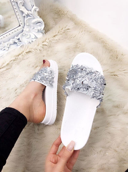 Lavender Crushed Jewelled Detailed Slip On Sliders