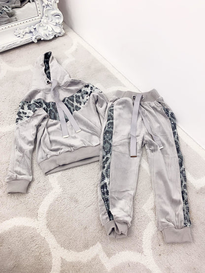 Leila Kids Sequin Leopard Printed Velvet Hooded Loungewear Set