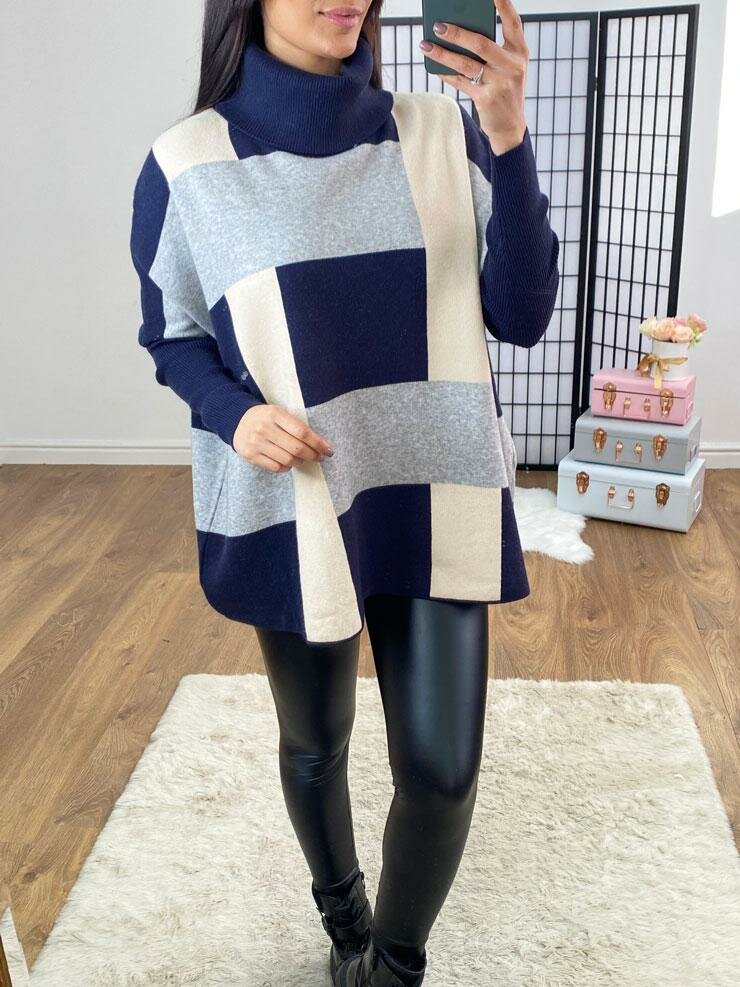 Lenata Checked Oversized Batwing Roll Neck Jumper