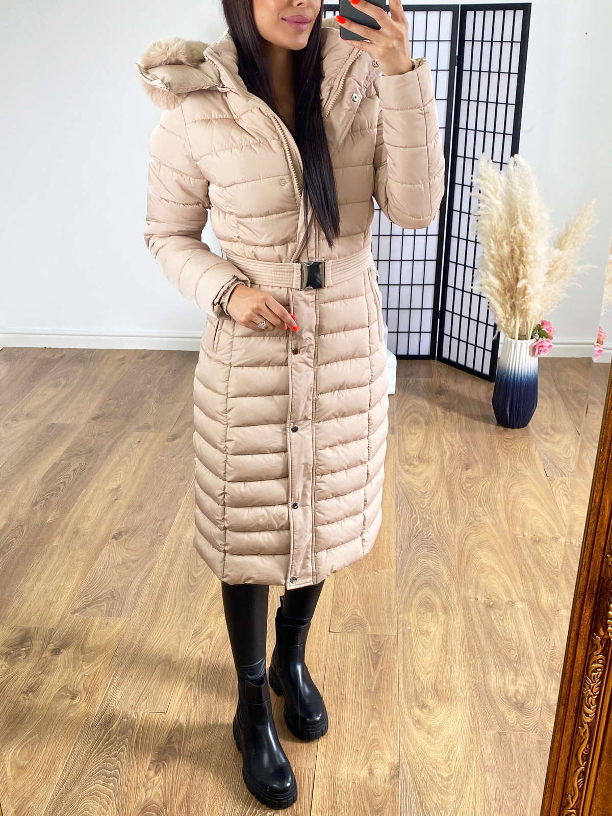 Lennon Beige Faux Fur Hooded Belted Maxi Puffer Coat