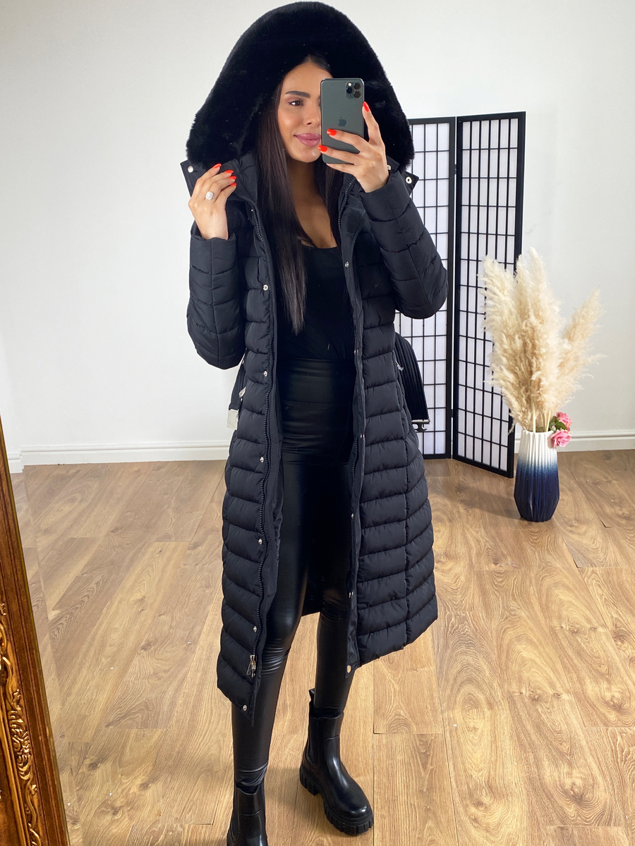 Lennon Black Faux Fur Hood Belted Maxi Puffer Coat – BowsBoutiques