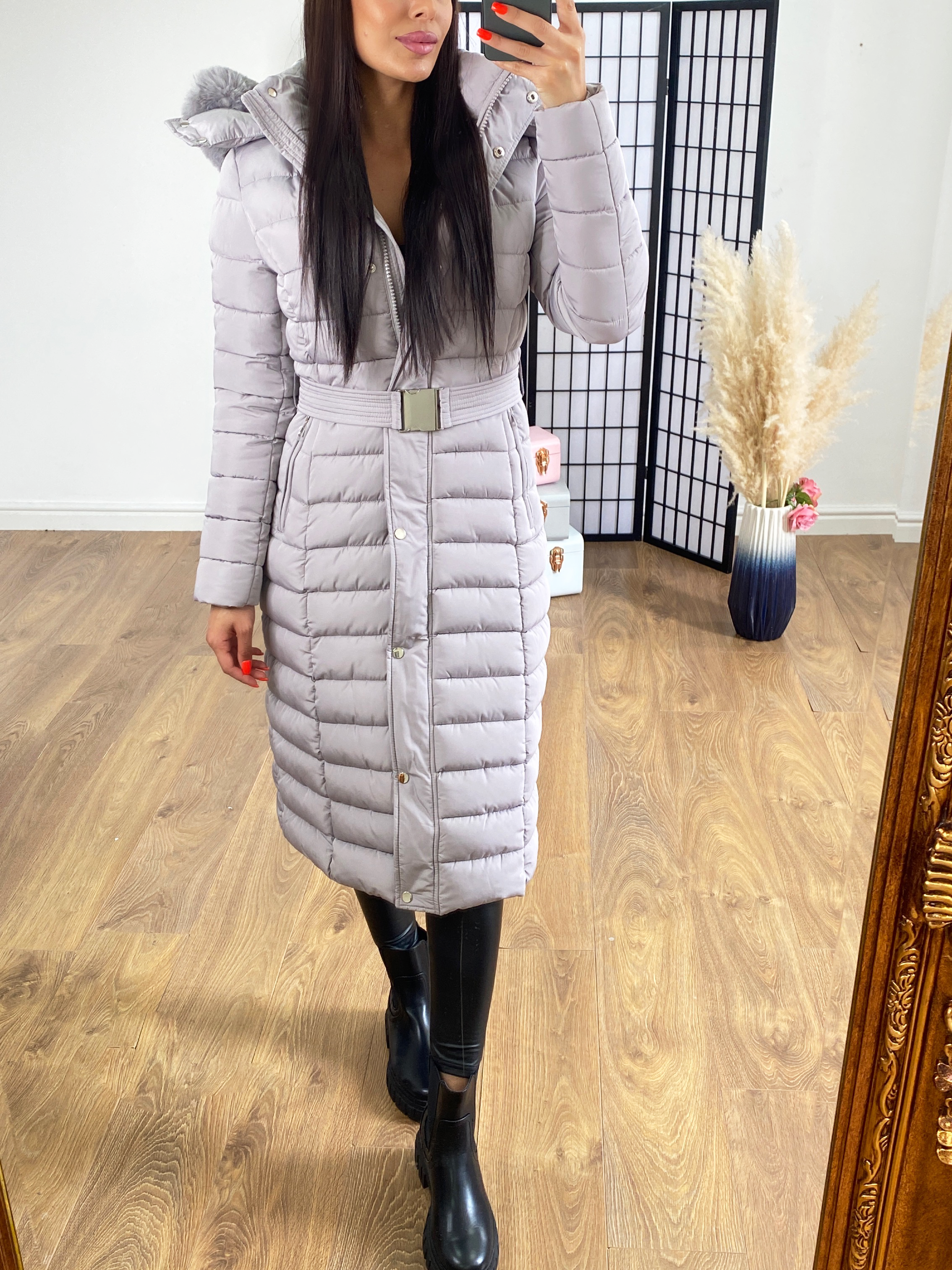 Lennon Light Grey Faux Faur Hood Belted Maxi Puffer Coat