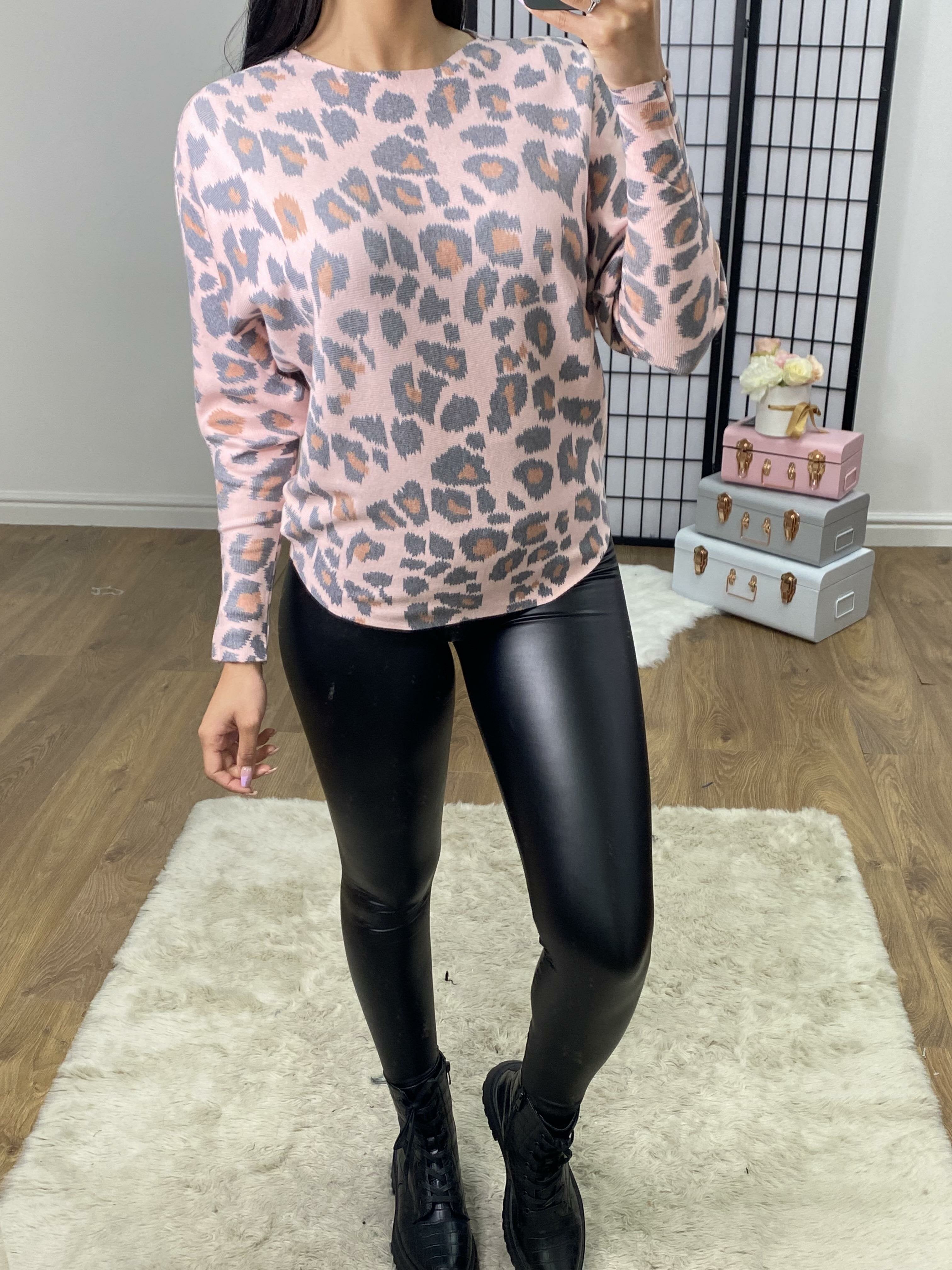 Leoli Super Soft Baby Pink Batwing Leopard Print Knit Jumper