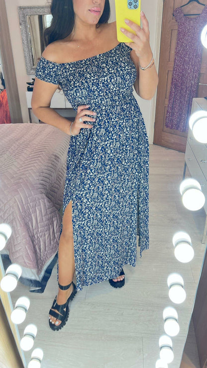 Leonn Navy Floral Bardot Split Maxi Dress