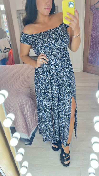 Leonn Navy Floral Bardot Split Maxi Dress