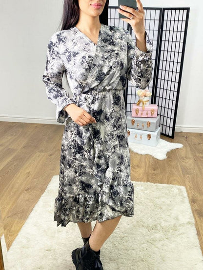 Letty Grey Printed Ruffle Wrap Dress