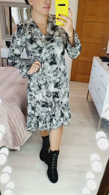 Letty Grey Printed Ruffle Wrap Dress
