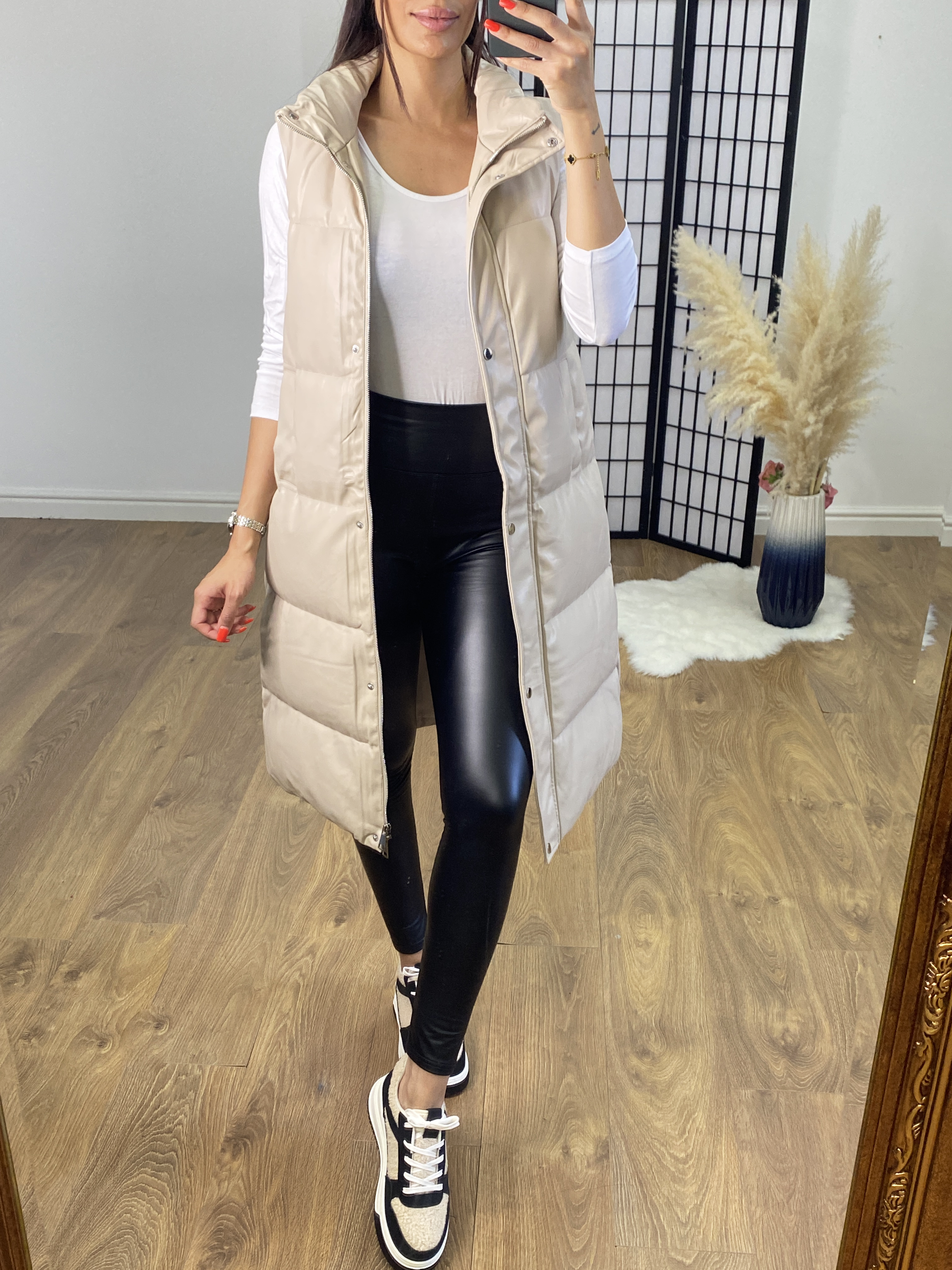 Garman Beige PU Padded Double Zip Gilet