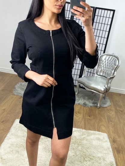 Lilan Black Denim Fitted Zip Dress