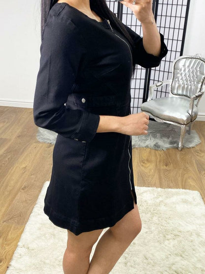 Lilan Black Denim Fitted Zip Dress