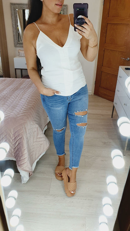 Lilian Pearl Diamante Detailed Ripped Skinny Jeans