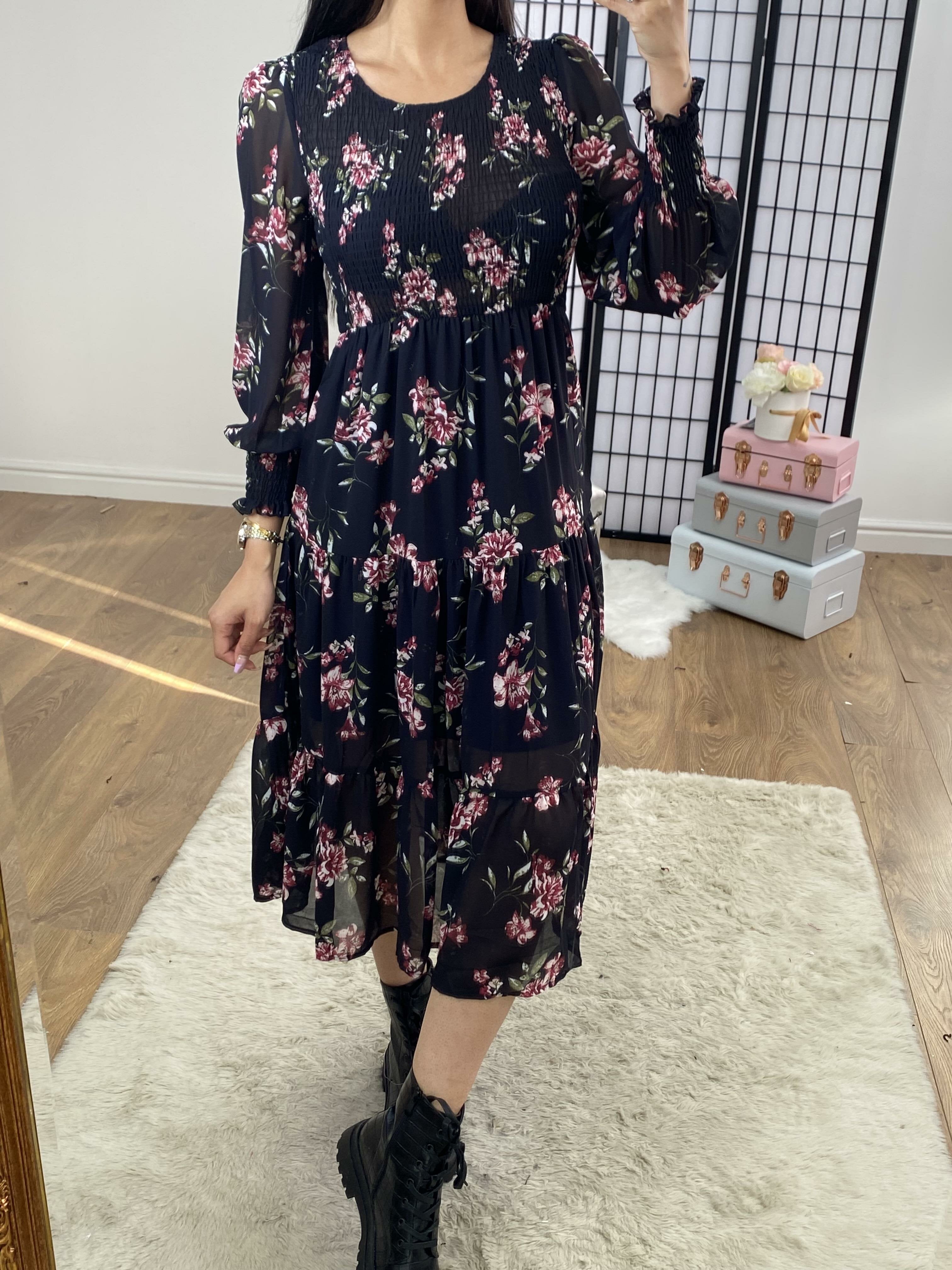 Liya Dark Navy Floral Elasticated Tiered Midi Dress