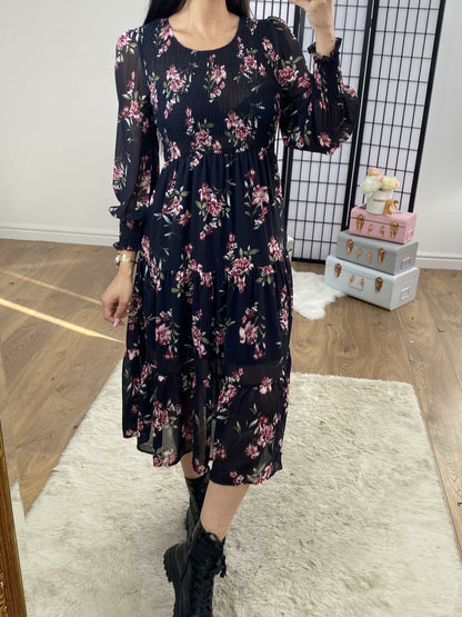 Liya Dark Navy Floral Elasticated Tiered Midi Dress