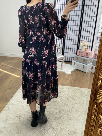 Liya Dark Navy Floral Elasticated Tiered Midi Dress