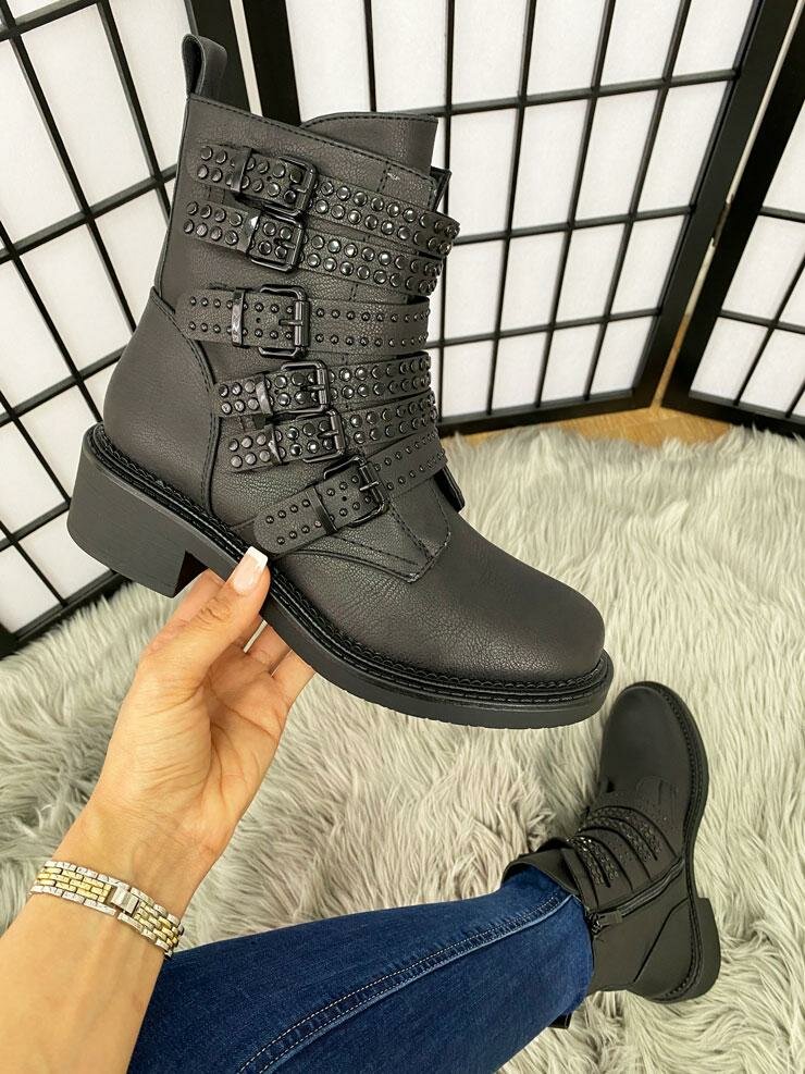 Logan Black Studded Strappy Chunky Biker Boots