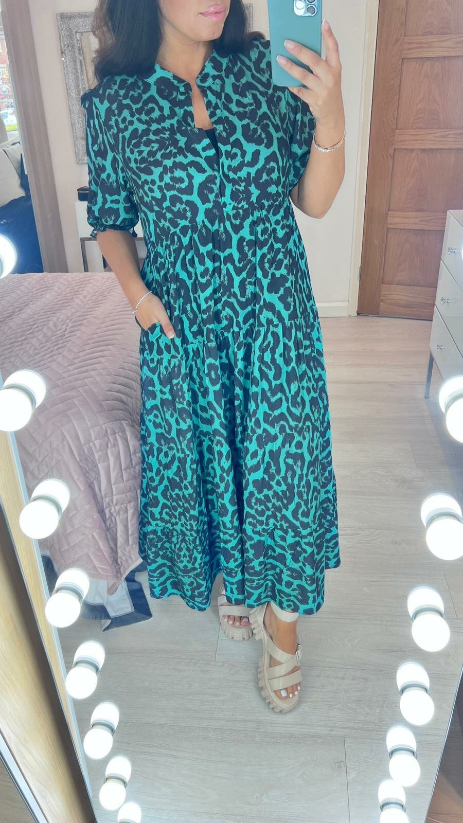 Lorri Jade Green Leopard Print Smock Maxi Dress