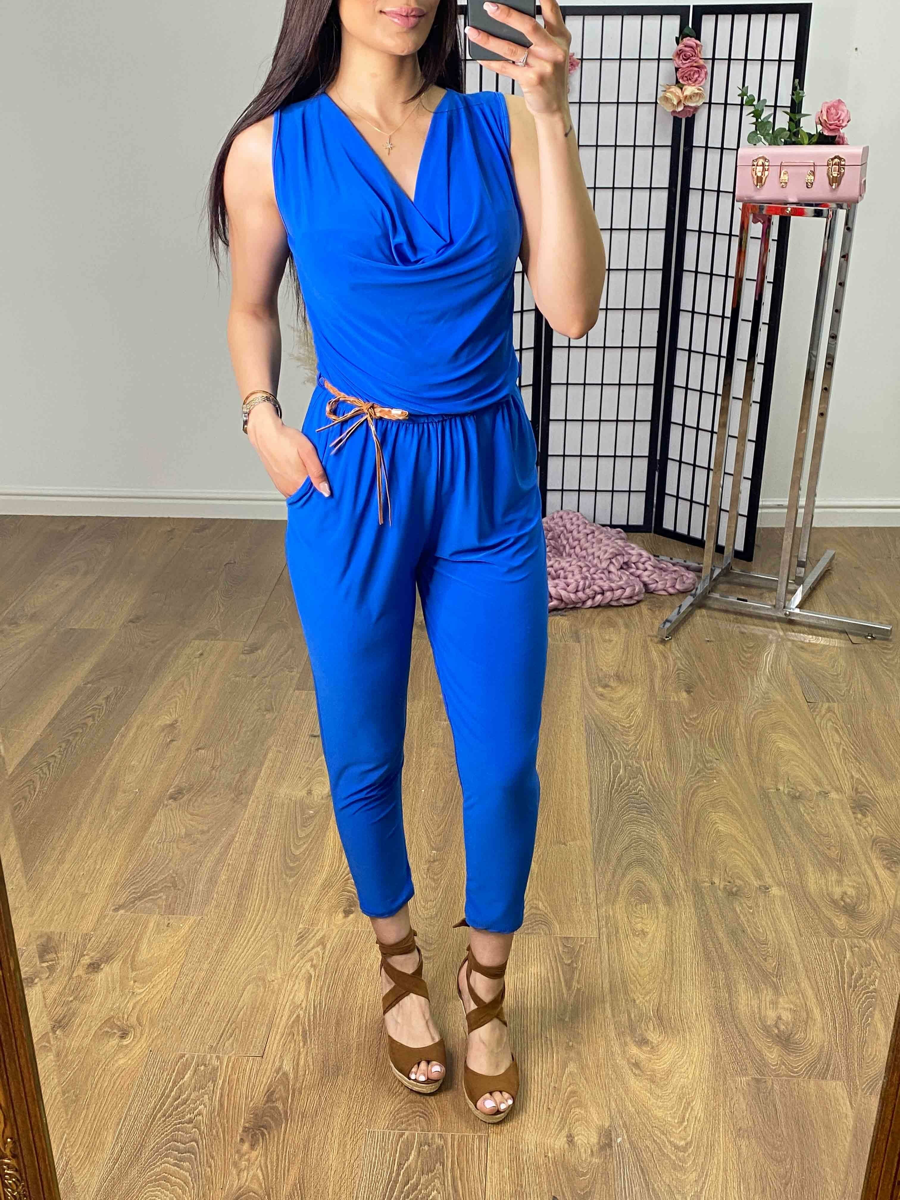 Lunita Stretch Drape Neck Belted Jumpsuit