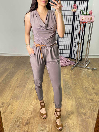 Lunita Stretch Drape Neck Belted Jumpsuit