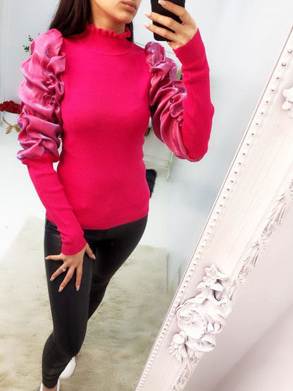 Lynett Silky Pearl Sheen Ruffle Puff Sleeve Knitted Jumper