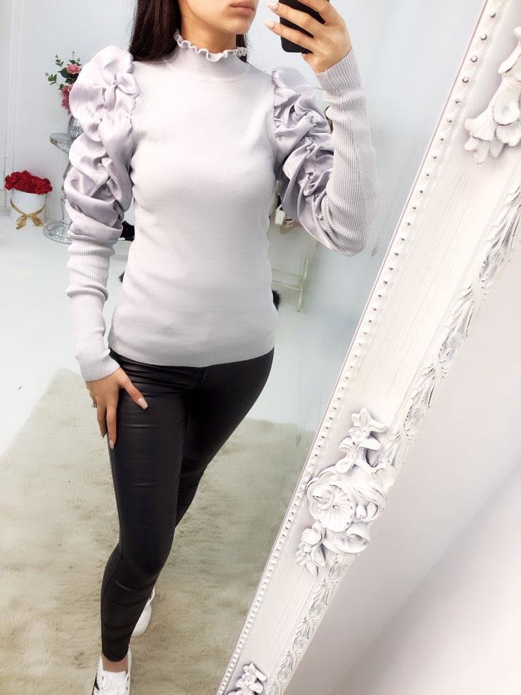 Lynett Silky Pearl Sheen Ruffle Puff Sleeve Knitted Jumper