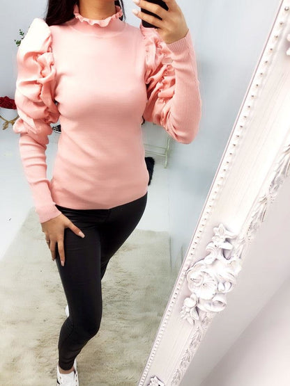 Lynett Silky Pearl Sheen Ruffle Puff Sleeve Knitted Jumper