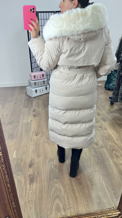 Maddox Beige Padded Faux Fur Hooded Coat