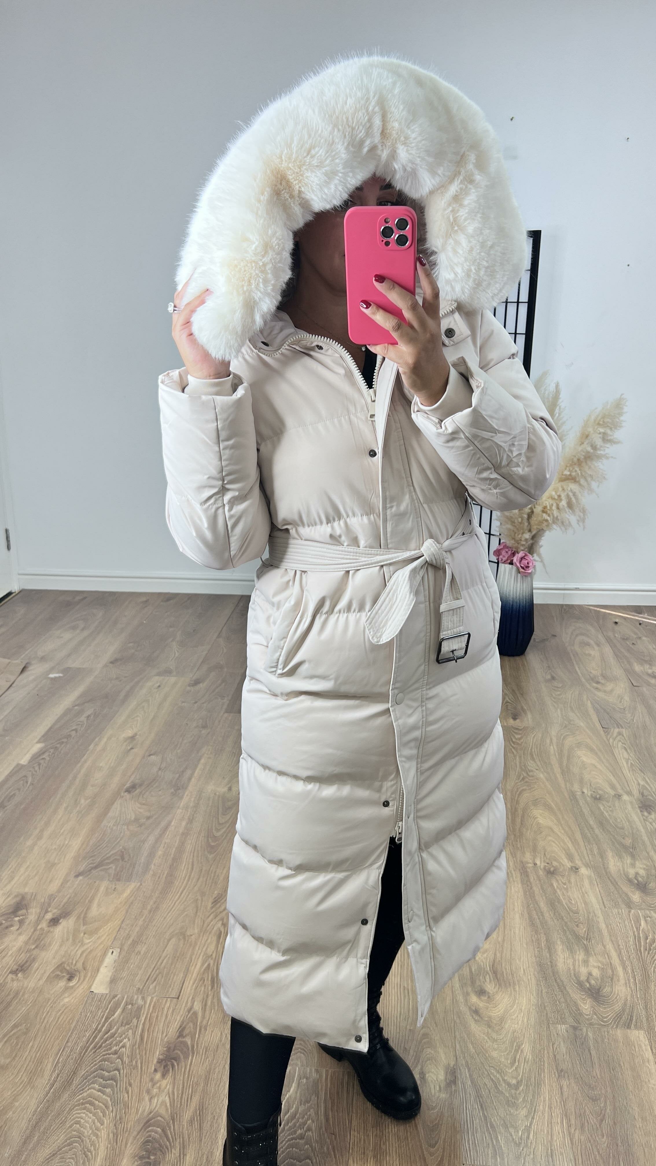 Maddox Beige Padded Faux Fur Hooded Coat