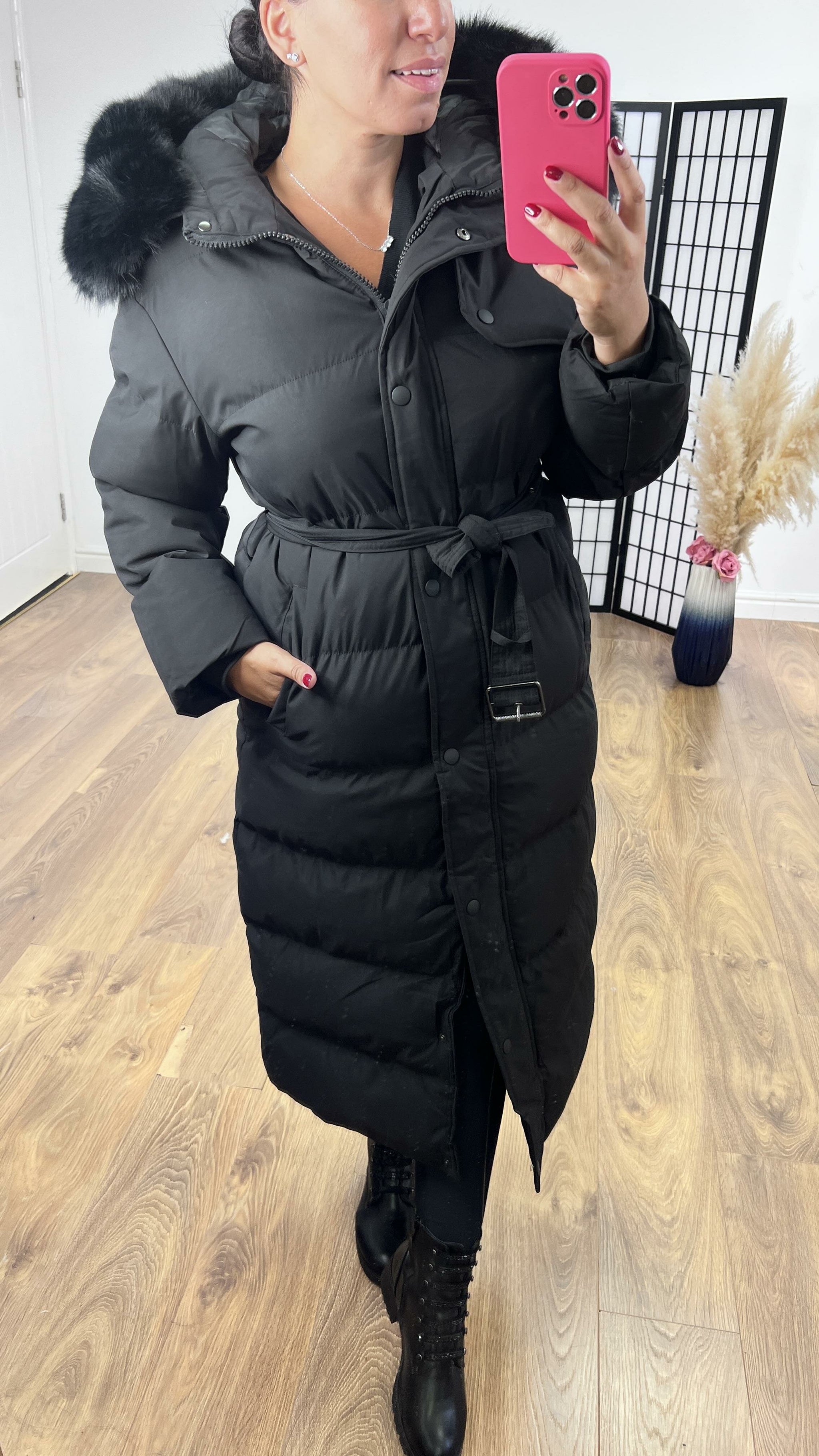 Black fluffy hood coat best sale