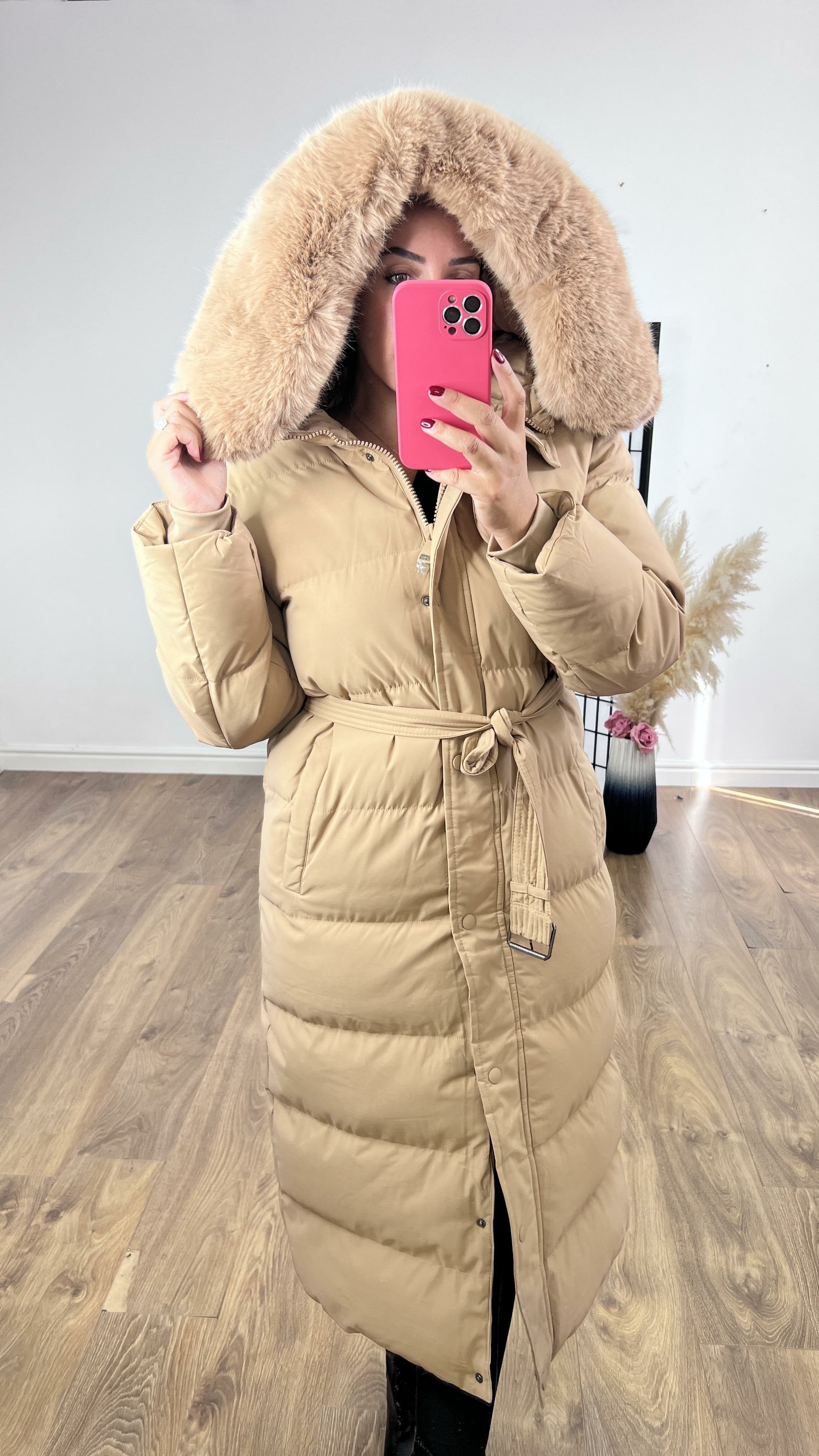 Maddox Camel Padded Faux Fur Hooded Coat