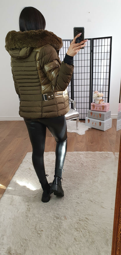 Madrina Khaki Padded Faux Fur Hooded Pocket Coat