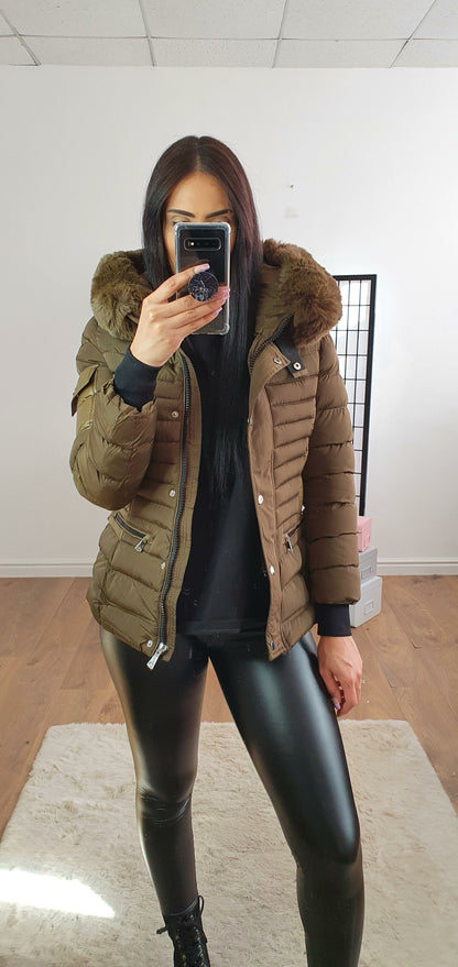 Madrina Khaki Padded Faux Fur Hooded Pocket Coat