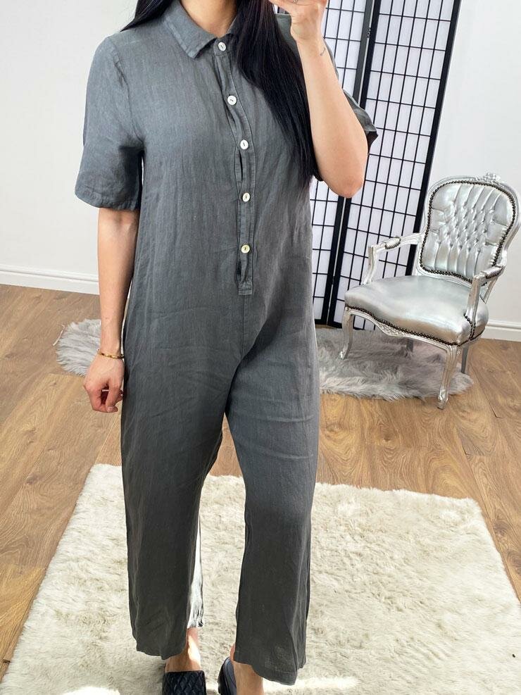 Mae Linen Button Detailed Straight Leg Jumpsuit