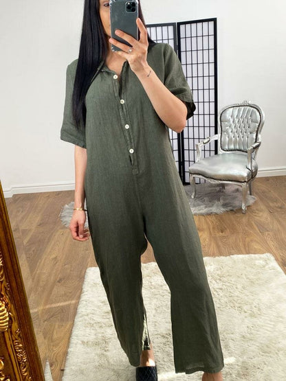 Mae Linen Button Detailed Straight Leg Jumpsuit