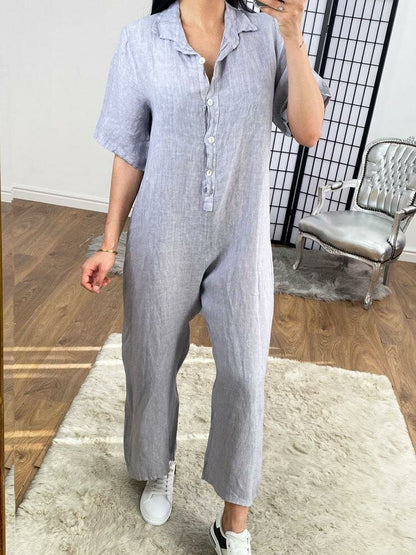 Mae Linen Button Detailed Straight Leg Jumpsuit