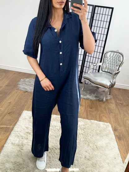 Mae Linen Button Detailed Straight Leg Jumpsuit