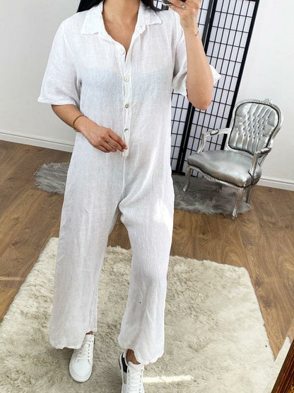 Mae Linen Button Detailed Straight Leg Jumpsuit