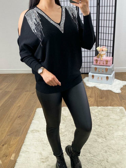 Malia Cold Shoulder Diamante Detailed Knitted Jumper