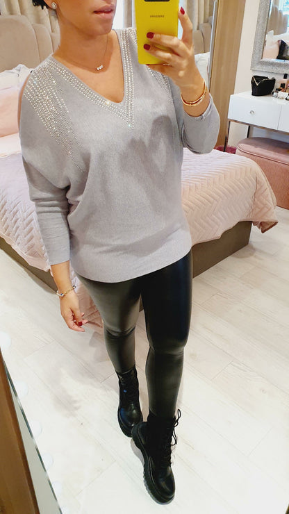 Malia Cold Shoulder Diamante Detailed Knitted Jumper