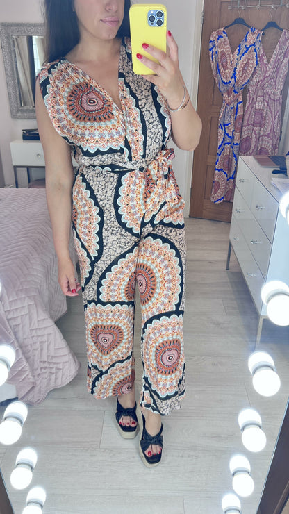 Malta Silk Scarf Print Grecian Style Jumpsuit