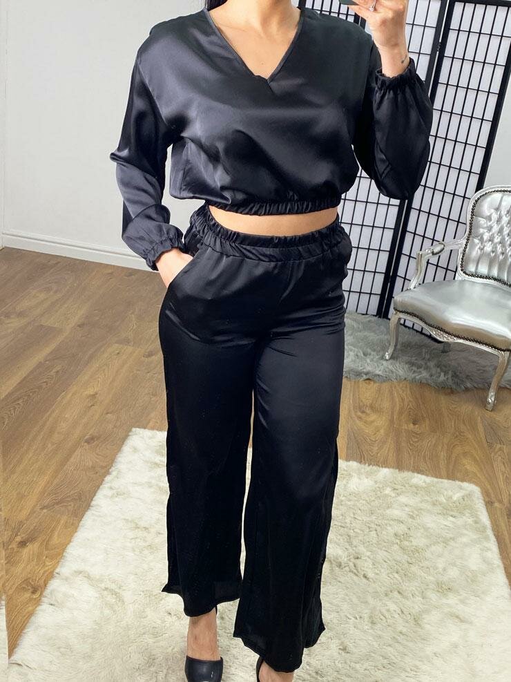 Manrika Satin Cropped Top Wide Leg Loungewear Set