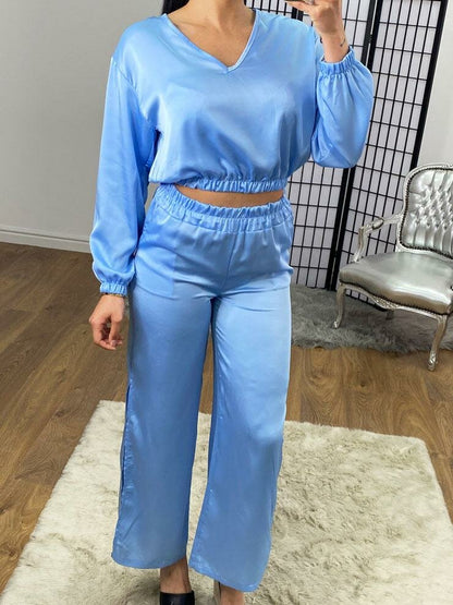 Manrika Satin Cropped Top Wide Leg Loungewear Set