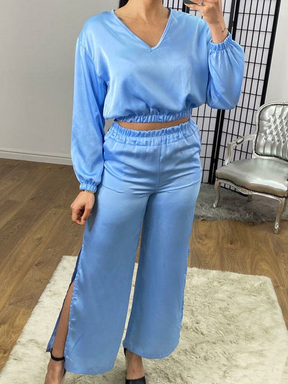 Manrika Satin Cropped Top Wide Leg Loungewear Set